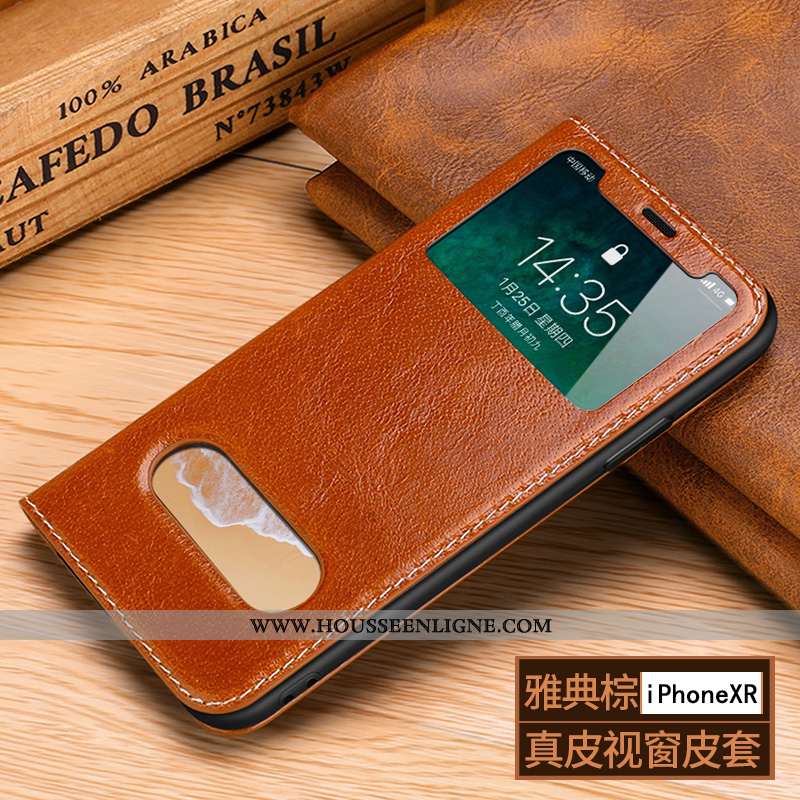 Coque iPhone Xr Personnalité Créatif Téléphone Portable Housse Business Cuir Véritable Bovins Marron