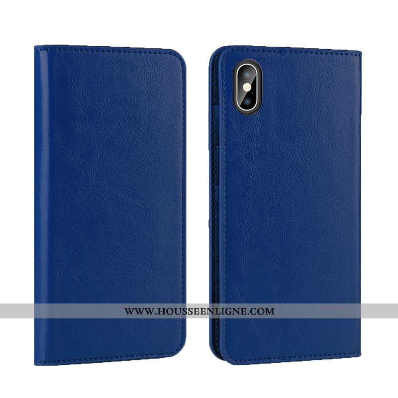 Coque iPhone Xs Cuir Véritable Cuir Business Téléphone Portable Luxe Qualité Bleu Foncé