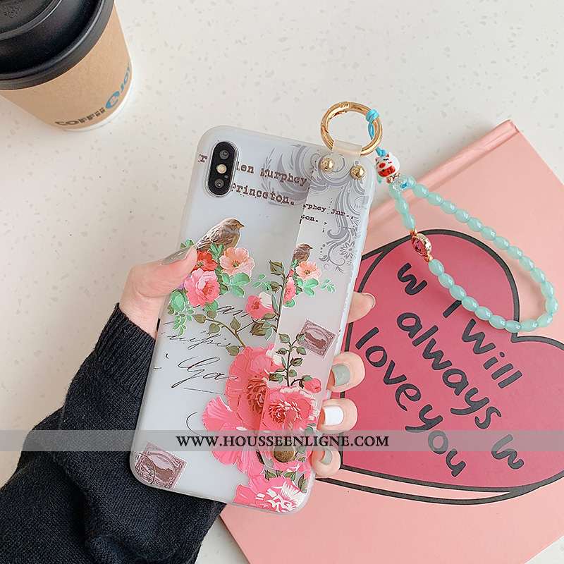 Coque iPhone Xs Protection Délavé En Daim Fleurs Étui Frais Petit Bracelet Verte