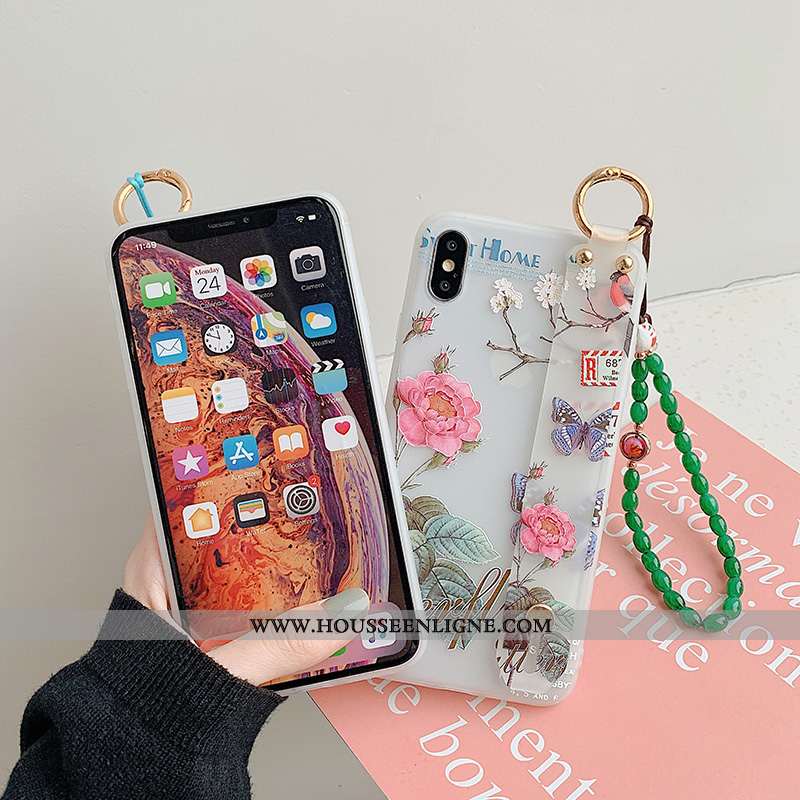 Coque iPhone Xs Protection Délavé En Daim Fleurs Étui Frais Petit Bracelet Verte