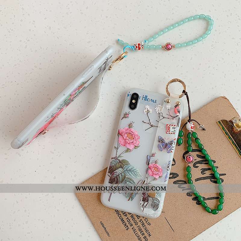 Coque iPhone Xs Protection Délavé En Daim Fleurs Étui Frais Petit Bracelet Verte
