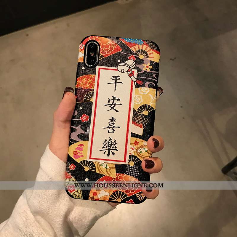 Coque iPhone Xs Vintage Modèle Fleurie Téléphone Portable Étui Soie Mulberry Créatif Incassable Noir