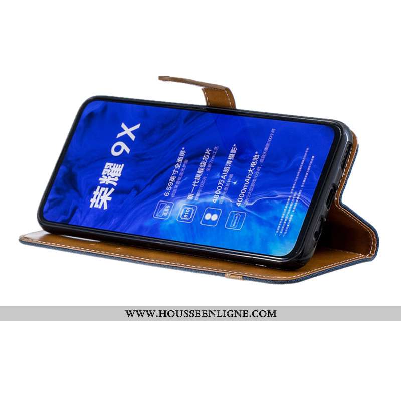 Housse Honor 9x Protection Portefeuille En Denim Nouveau Cuir Bleu Coque
