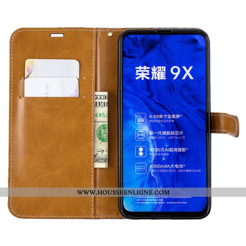 Housse Honor 9x Protection Portefeuille En Denim Nouveau Cuir Bleu Coque
