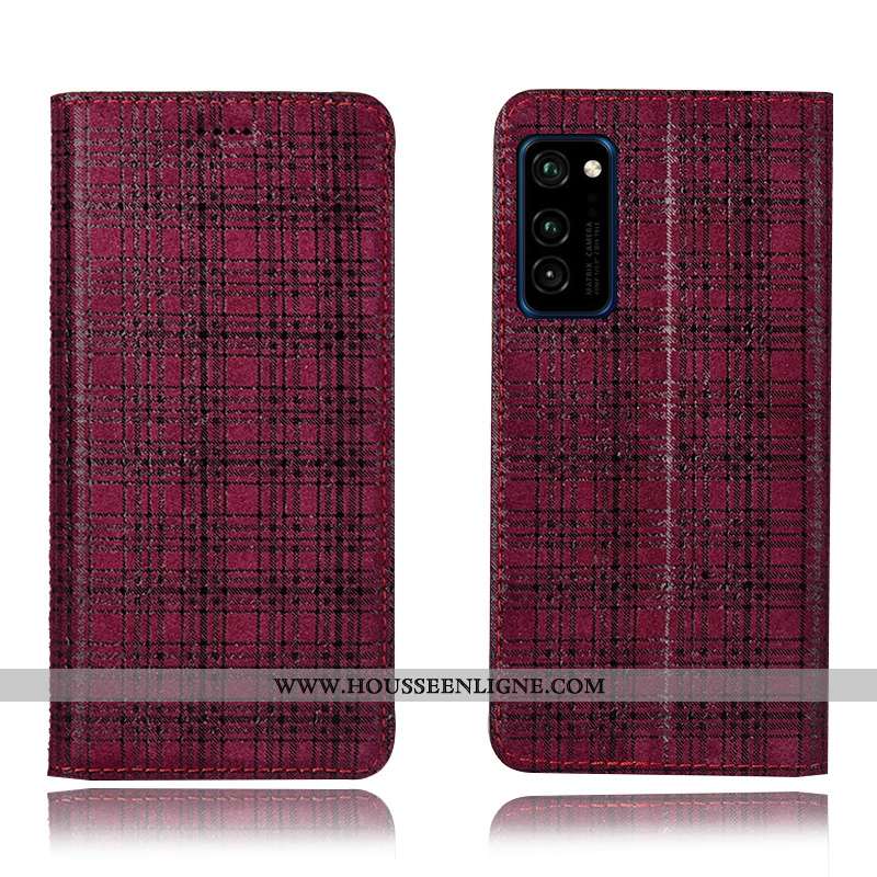 Housse Honor View30 Pro Cuir Véritable Modèle Fleurie Incassable Vin Rouge Plaid Coque Téléphone Por