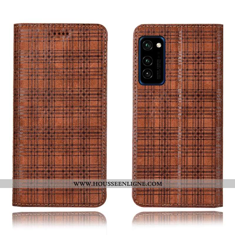 Housse Honor View30 Pro Cuir Véritable Modèle Fleurie Incassable Vin Rouge Plaid Coque Téléphone Por