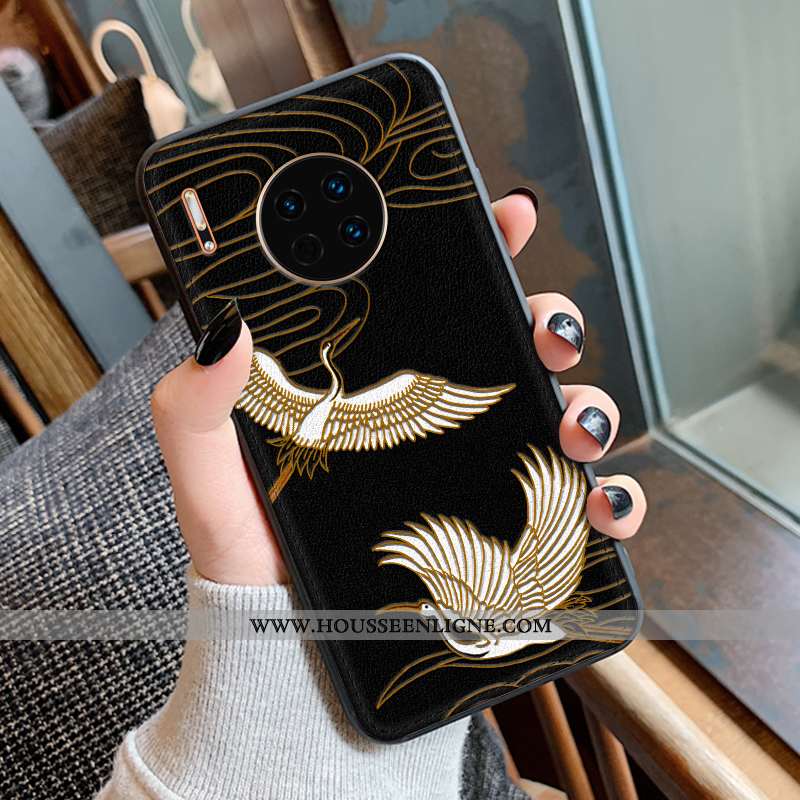 Housse Huawei Mate 30 Fluide Doux Silicone Coque Protection Gaufrage Modèle Fleurie Noir