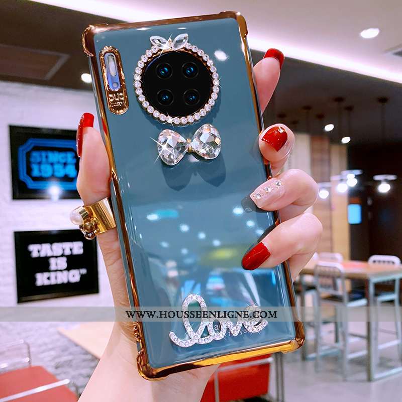 Housse Huawei Mate 30 Pro Protection Luxe Téléphone Portable Fluide Doux Strass Étui Coque Bleu