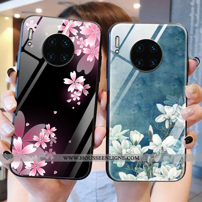 Housse Huawei Mate 30 Pro Protection Verre Noir Fleurs Créatif Tout Compris Net Rouge
