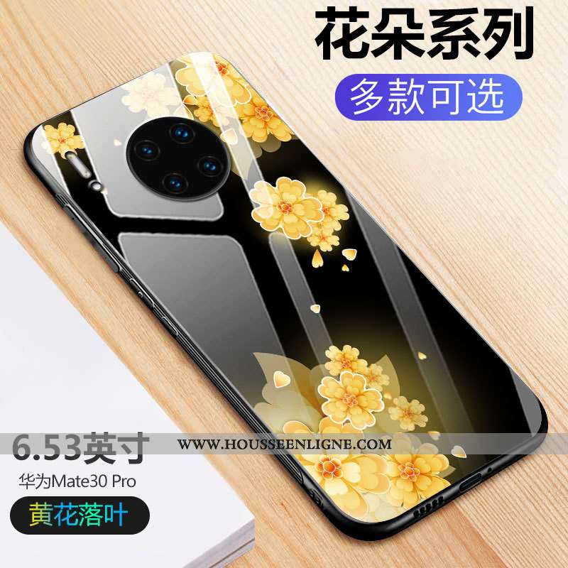Housse Huawei Mate 30 Pro Protection Verre Noir Fleurs Créatif Tout Compris Net Rouge