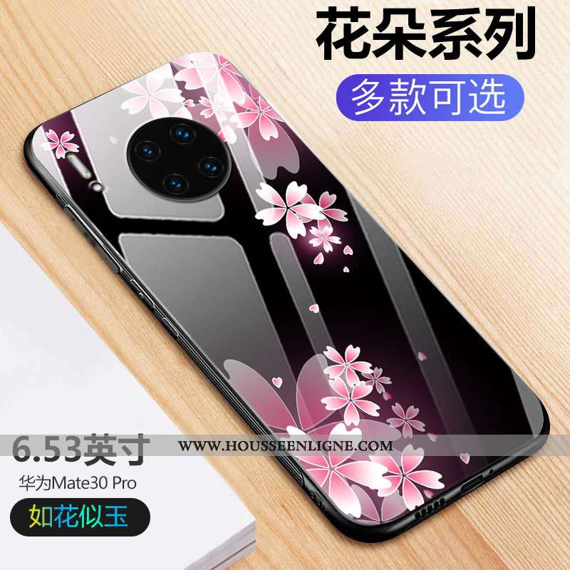 Housse Huawei Mate 30 Pro Protection Verre Noir Fleurs Créatif Tout Compris Net Rouge