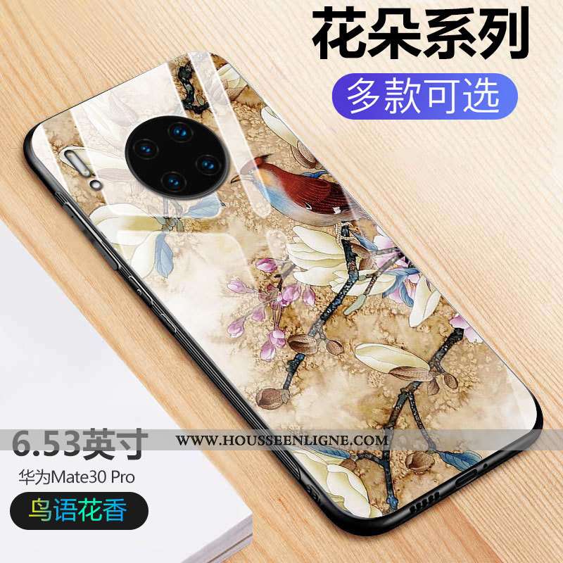 Housse Huawei Mate 30 Pro Protection Verre Noir Fleurs Créatif Tout Compris Net Rouge