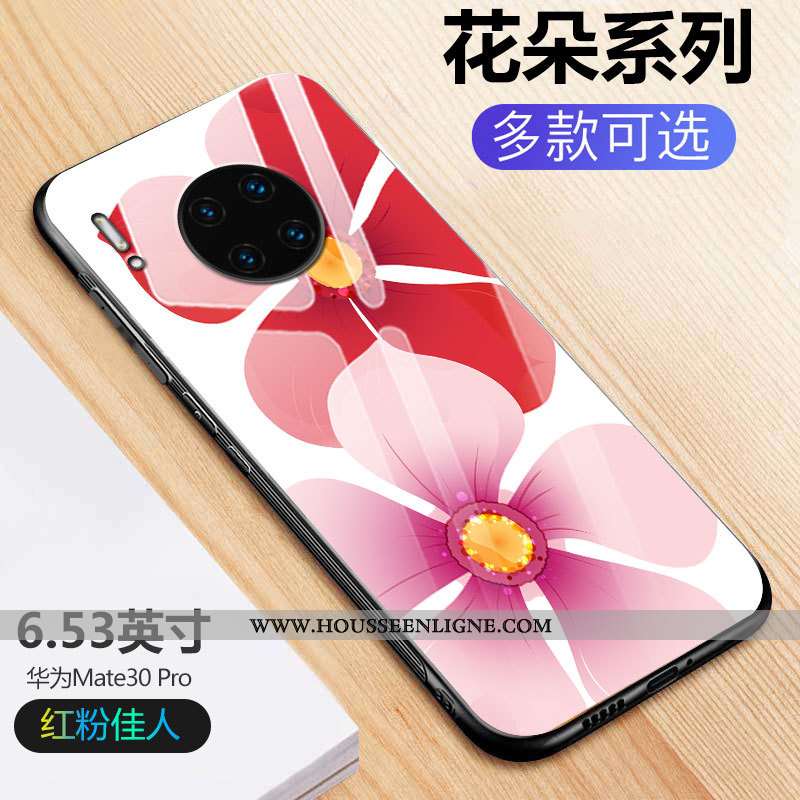 Housse Huawei Mate 30 Pro Protection Verre Noir Fleurs Créatif Tout Compris Net Rouge