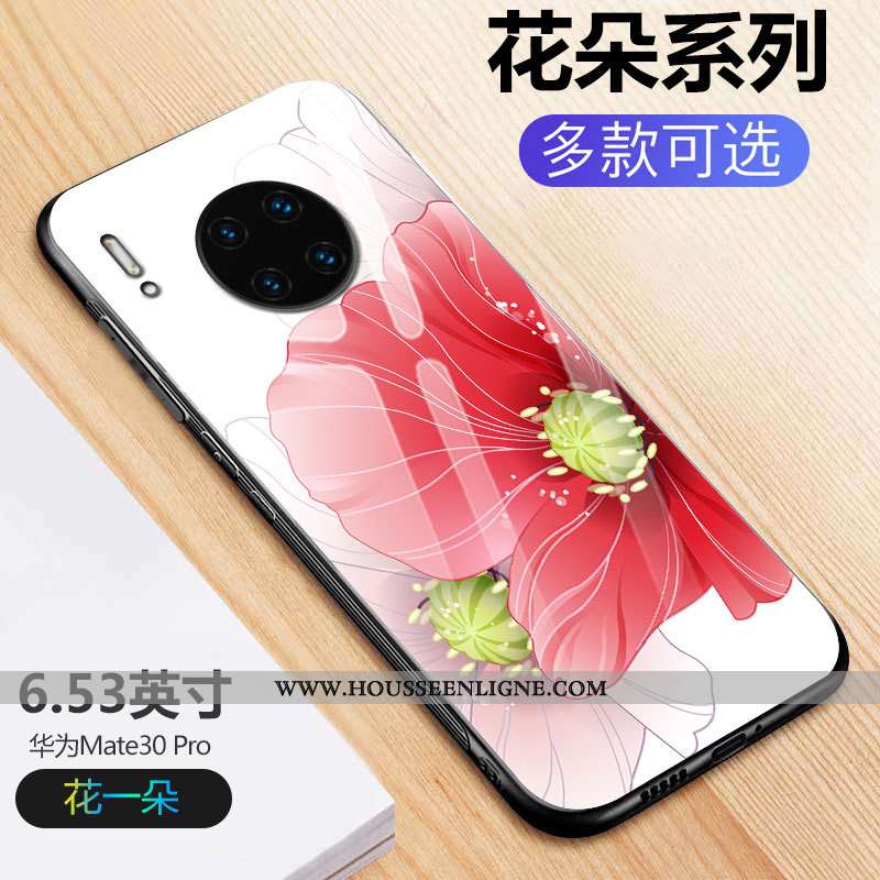 Housse Huawei Mate 30 Pro Protection Verre Noir Fleurs Créatif Tout Compris Net Rouge
