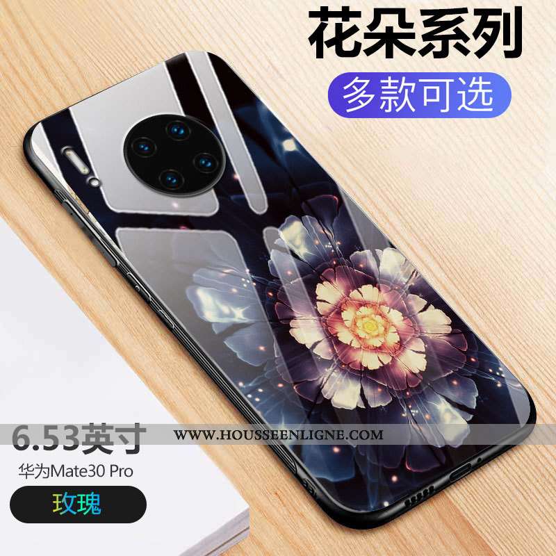 Housse Huawei Mate 30 Pro Protection Verre Noir Fleurs Créatif Tout Compris Net Rouge