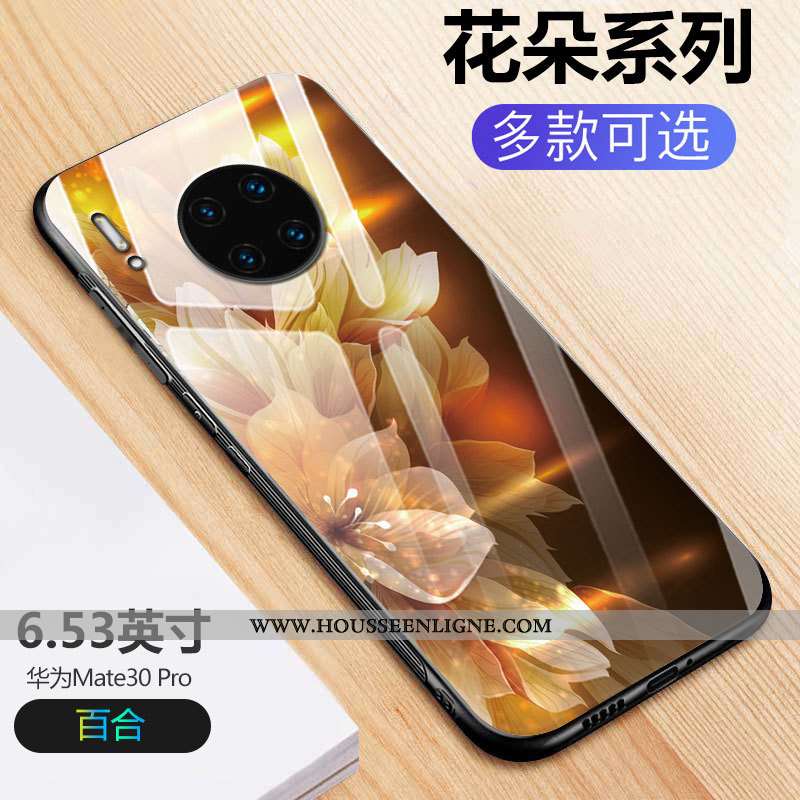 Housse Huawei Mate 30 Pro Protection Verre Noir Fleurs Créatif Tout Compris Net Rouge