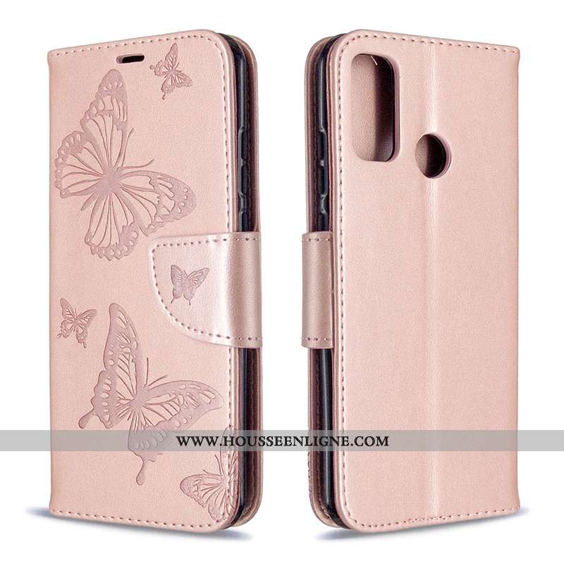 Housse Huawei P Smart 2020 Cuir Protection Étui Gaufrage Couleur Unie Papillon Téléphone Portable Ro