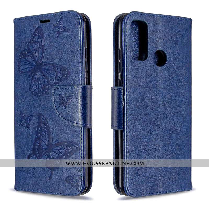 Housse Huawei P Smart 2020 Cuir Protection Étui Gaufrage Couleur Unie Papillon Téléphone Portable Ro