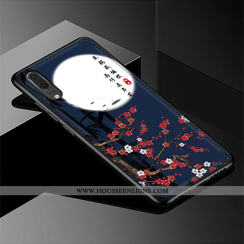 Housse Huawei P20 Cuir Véritable Tendance Modèle Fleurie Cuir Coque Téléphone Portable Bleu Marin Bl