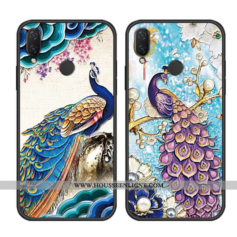 Housse Huawei P20 Lite Tendance Fluide Doux Vintage Paon Gaufrage Étui Vent Bleu