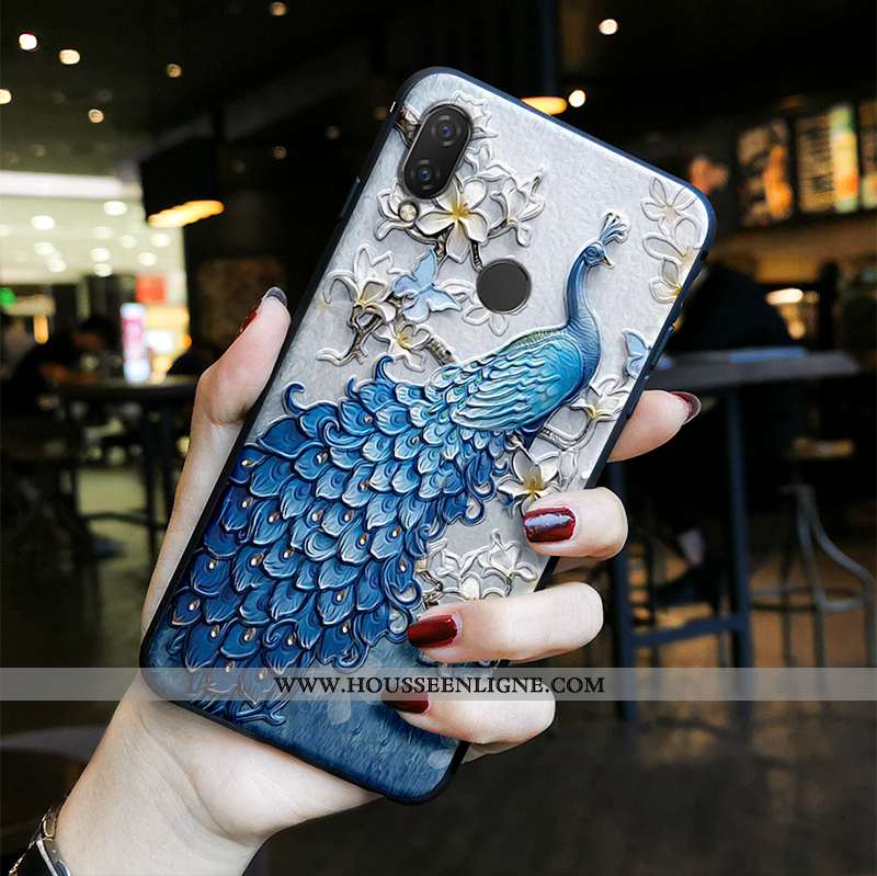 Housse Huawei P20 Lite Tendance Fluide Doux Vintage Paon Gaufrage Étui Vent Bleu