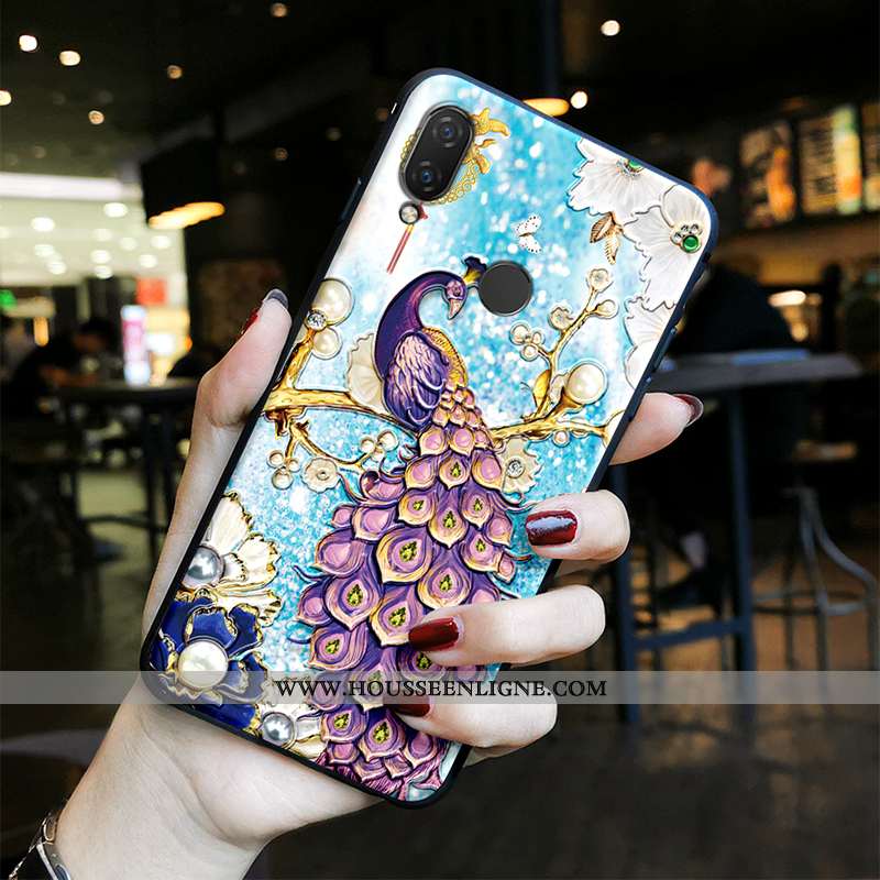 Housse Huawei P20 Lite Tendance Fluide Doux Vintage Paon Gaufrage Étui Vent Bleu