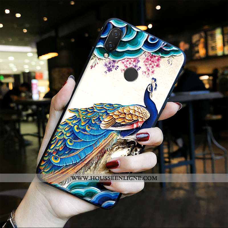 Housse Huawei P20 Lite Tendance Fluide Doux Vintage Paon Gaufrage Étui Vent Bleu