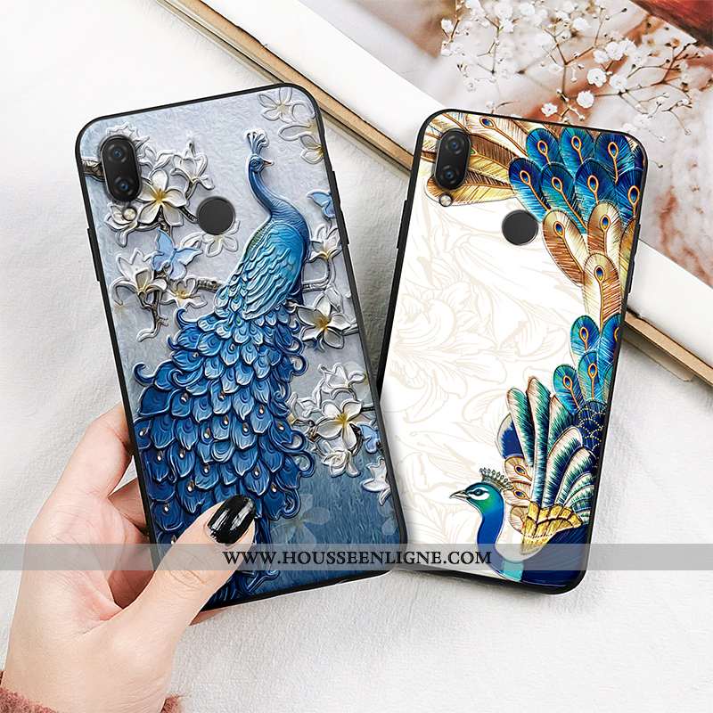 Housse Huawei P20 Lite Tendance Fluide Doux Vintage Paon Gaufrage Étui Vent Bleu