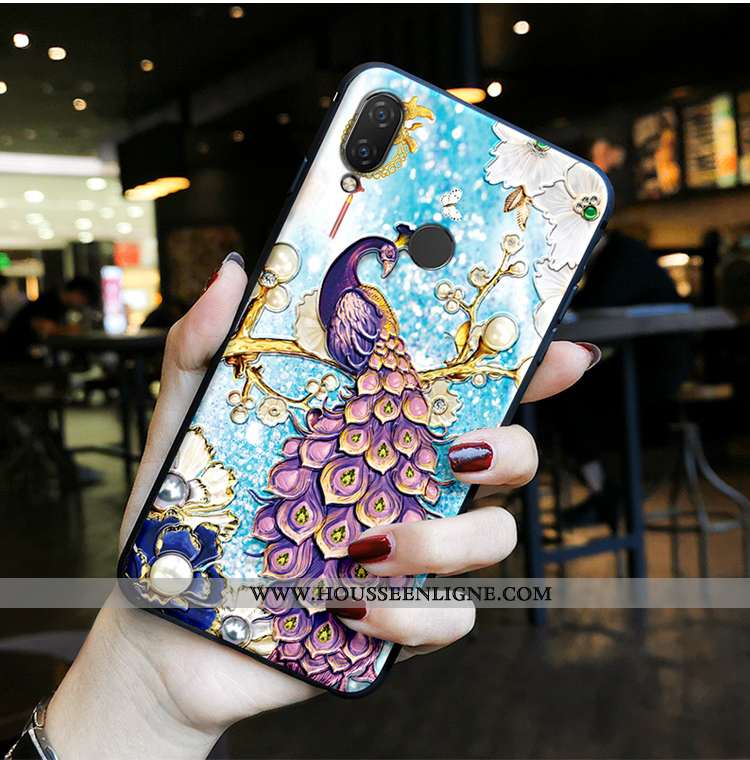 Housse Huawei P20 Lite Tendance Fluide Doux Vintage Paon Gaufrage Étui Vent Bleu