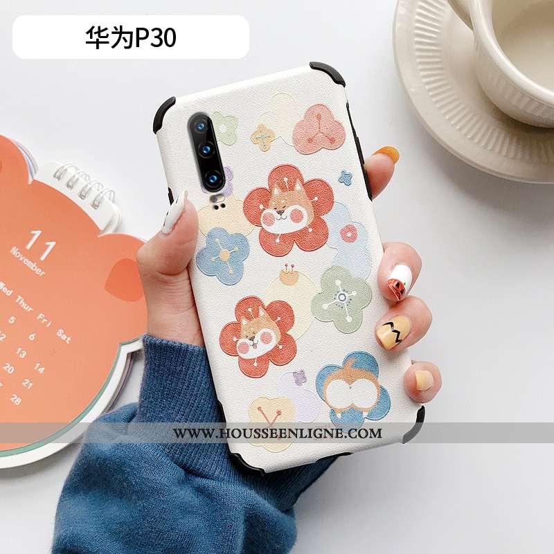 Housse Huawei P30 Fluide Doux Silicone Modèle Fleurie Chat Petit Incassable Cuir Beige