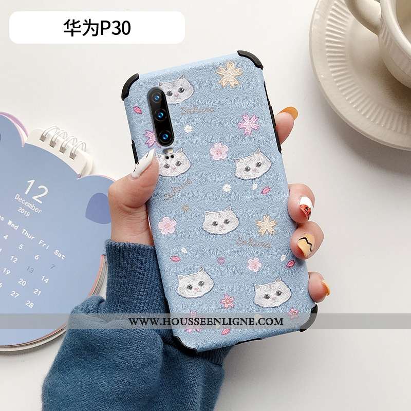 Housse Huawei P30 Fluide Doux Silicone Modèle Fleurie Chat Petit Incassable Cuir Beige