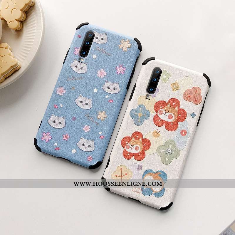 Housse Huawei P30 Fluide Doux Silicone Modèle Fleurie Chat Petit Incassable Cuir Beige
