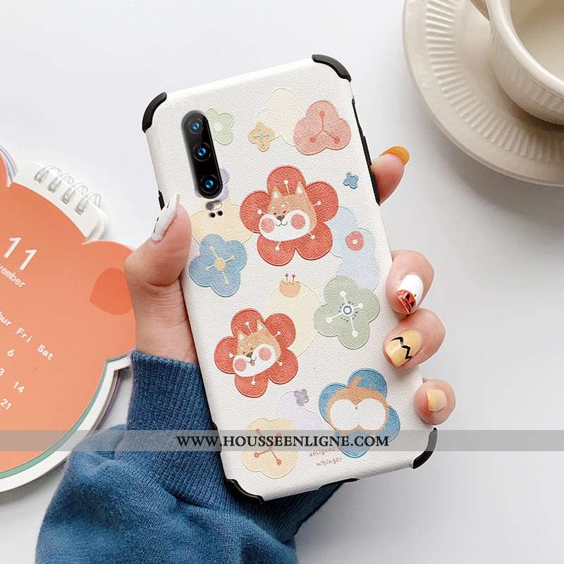 Housse Huawei P30 Fluide Doux Silicone Modèle Fleurie Chat Petit Incassable Cuir Beige