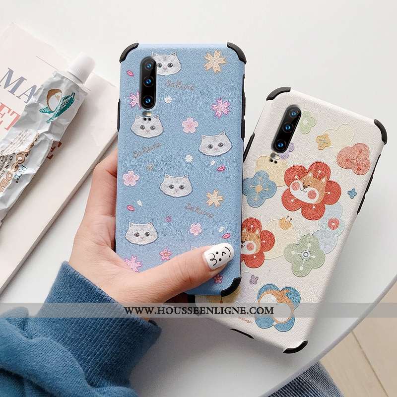 Housse Huawei P30 Fluide Doux Silicone Modèle Fleurie Chat Petit Incassable Cuir Beige