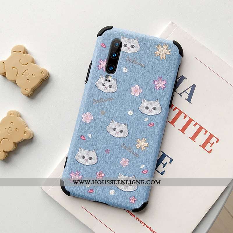 Housse Huawei P30 Fluide Doux Silicone Modèle Fleurie Chat Petit Incassable Cuir Beige