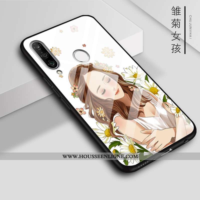 Housse Huawei P30 Lite Verre Blanc Brillant Couleur Téléphone Portable Étui Coque Blanche