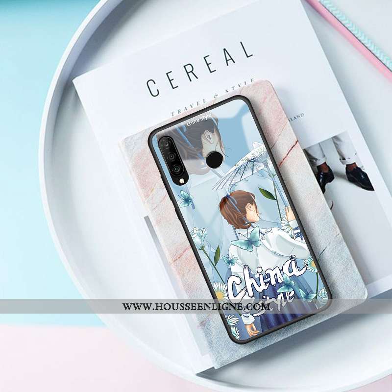 Housse Huawei P30 Lite Verre Personnalité Bleu Cœur Étui Protection Coque