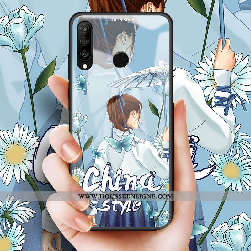Housse Huawei P30 Lite Verre Personnalité Bleu Cœur Étui Protection Coque