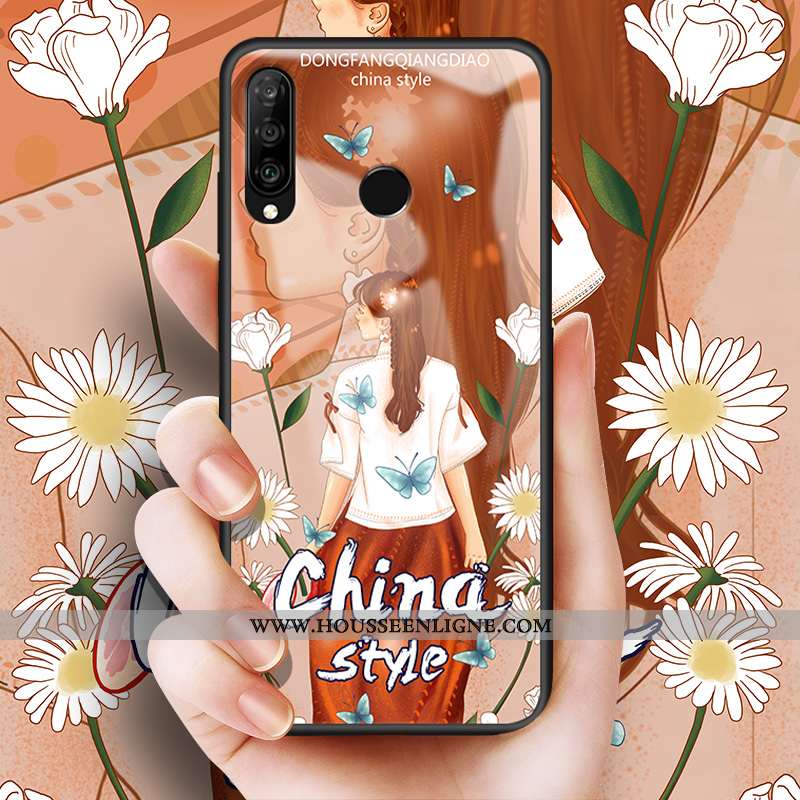 Housse Huawei P30 Lite Verre Personnalité Bleu Cœur Étui Protection Coque