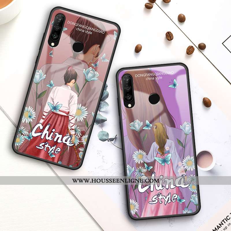 Housse Huawei P30 Lite Verre Personnalité Bleu Cœur Étui Protection Coque