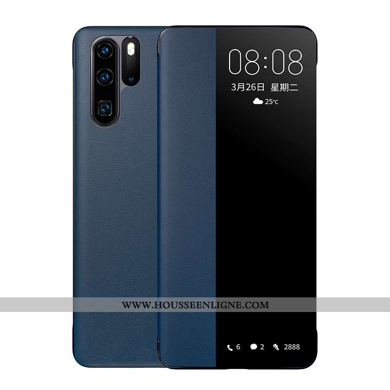 Housse Huawei P30 Pro Protection Cuir Véritable Business Bleu Marin Luxe Téléphone Portable Incassab