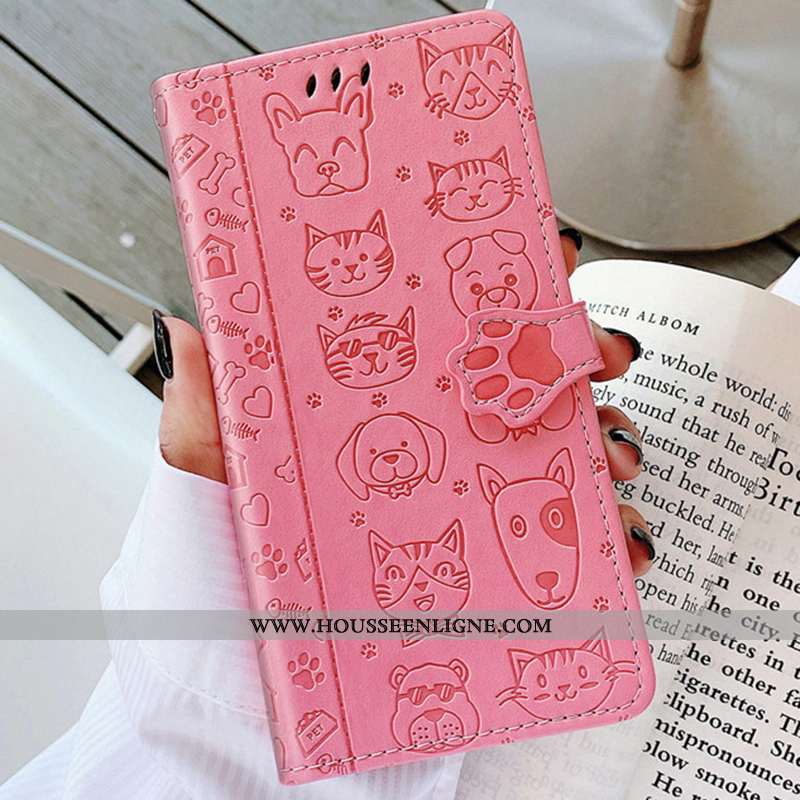 Housse Huawei P40 Lite E Cuir Protection En Relief Gaufrage Chat Couleur Unie Rose