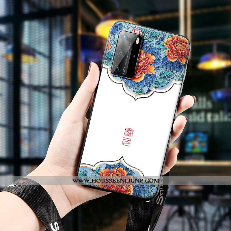 Housse Huawei P40 Pro Charmant Vintage Gaufrage Coque Étui Incassable Protection Blanche