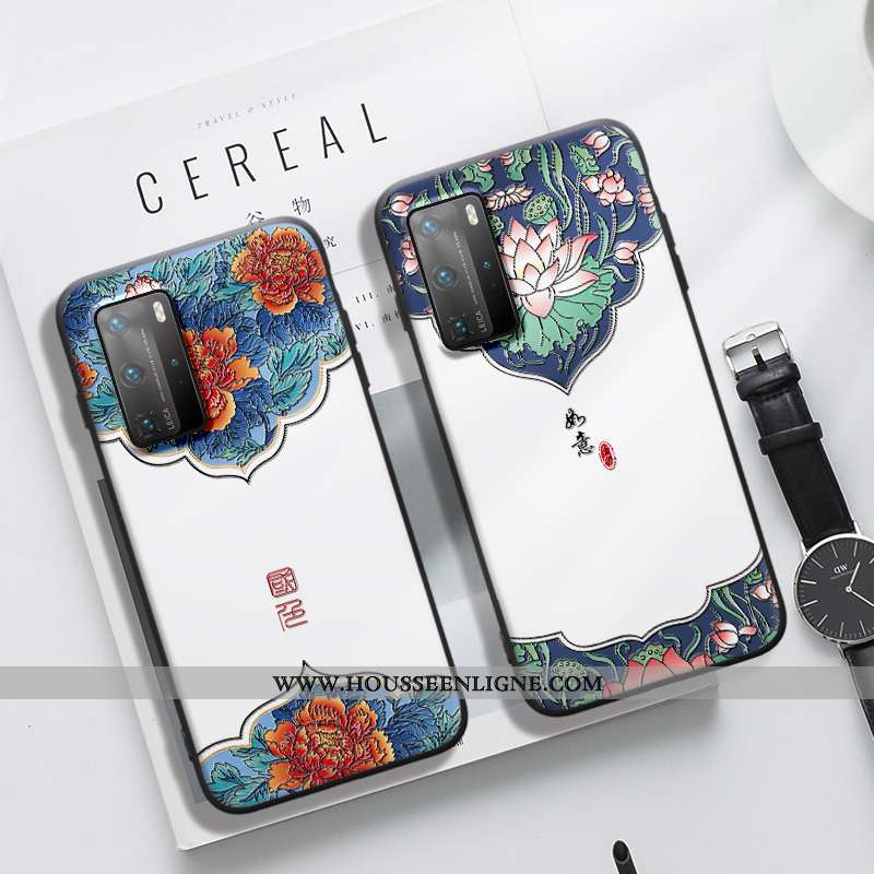 Housse Huawei P40 Pro Charmant Vintage Gaufrage Coque Étui Incassable Protection Blanche