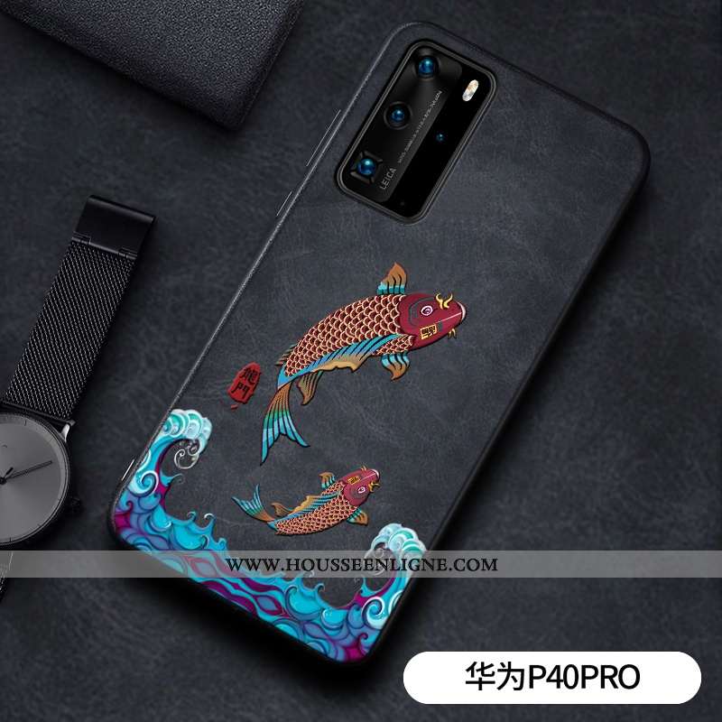 Housse Huawei P40 Pro Gaufrage Cuir Étui Dragon Téléphone Portable Incassable Modèle Fleurie Noir