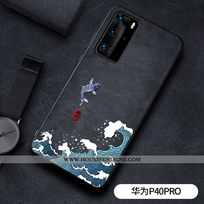 Housse Huawei P40 Pro Gaufrage Cuir Étui Dragon Téléphone Portable Incassable Modèle Fleurie Noir