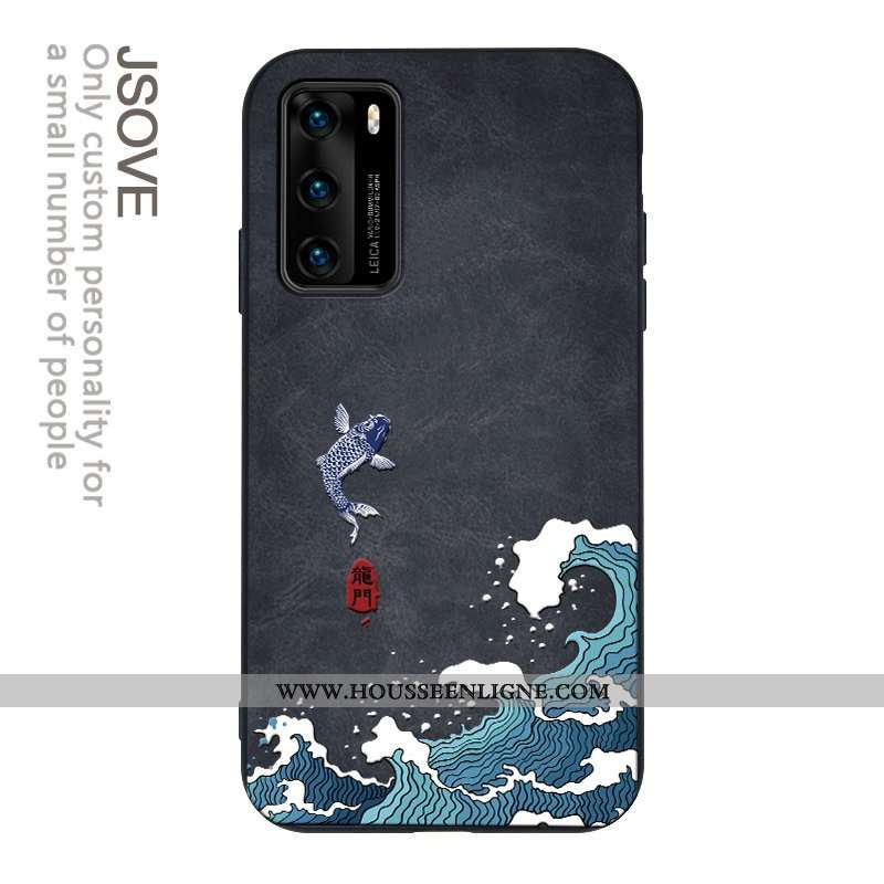 Housse Huawei P40 Pro Gaufrage Cuir Étui Dragon Téléphone Portable Incassable Modèle Fleurie Noir
