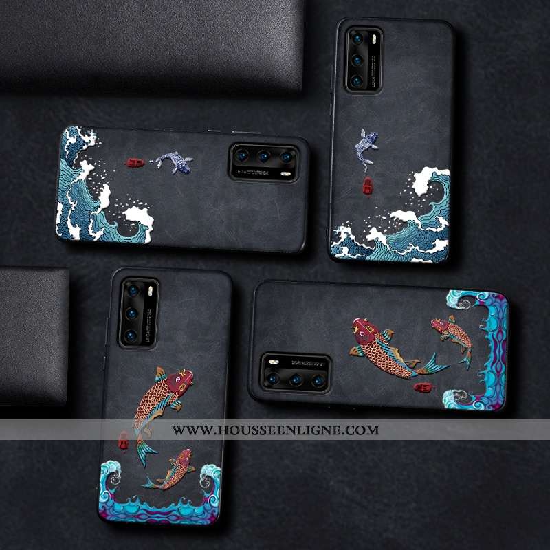 Housse Huawei P40 Pro Gaufrage Cuir Étui Dragon Téléphone Portable Incassable Modèle Fleurie Noir