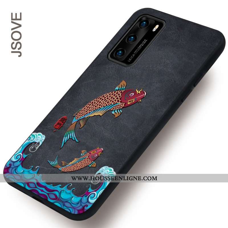 Housse Huawei P40 Pro Gaufrage Cuir Étui Dragon Téléphone Portable Incassable Modèle Fleurie Noir