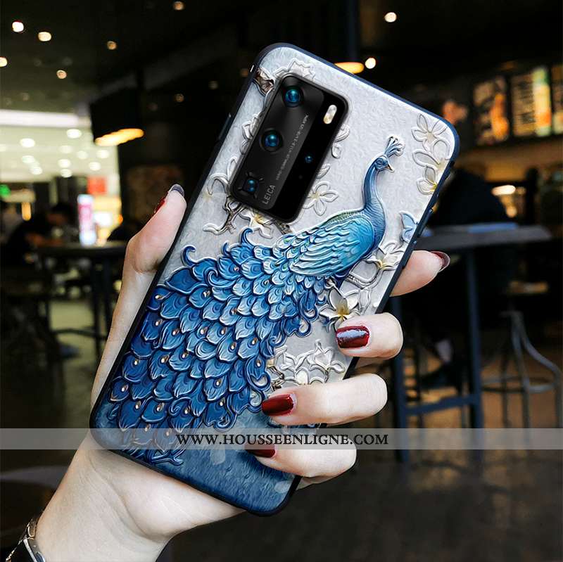 Housse Huawei P40 Pro Tendance Fluide Doux Vent Protection Paon Peinture Silicone Bleu